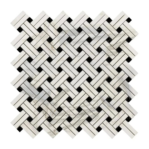 Woven marble mosaic tile in Calacatta Gold Stanza with Black, polished or honed finish