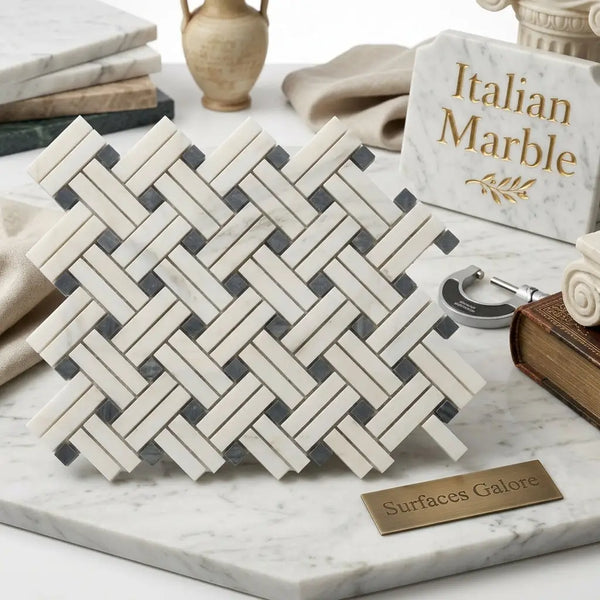 Calacatta Gold Stanza polished white and gray marble mosaic tile with blue-gray herringbone pattern