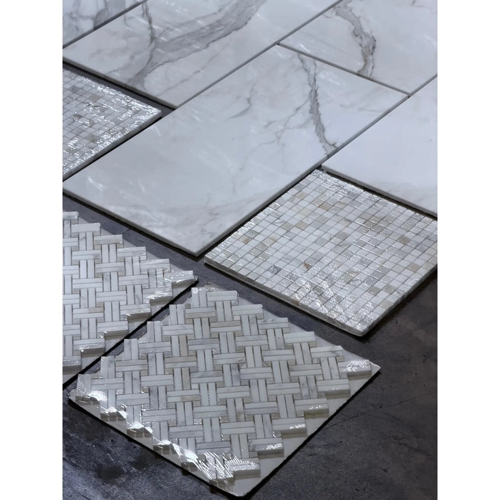Calacatta Gold Stanza mosaic marble tile in white with gray veining, polished or honed