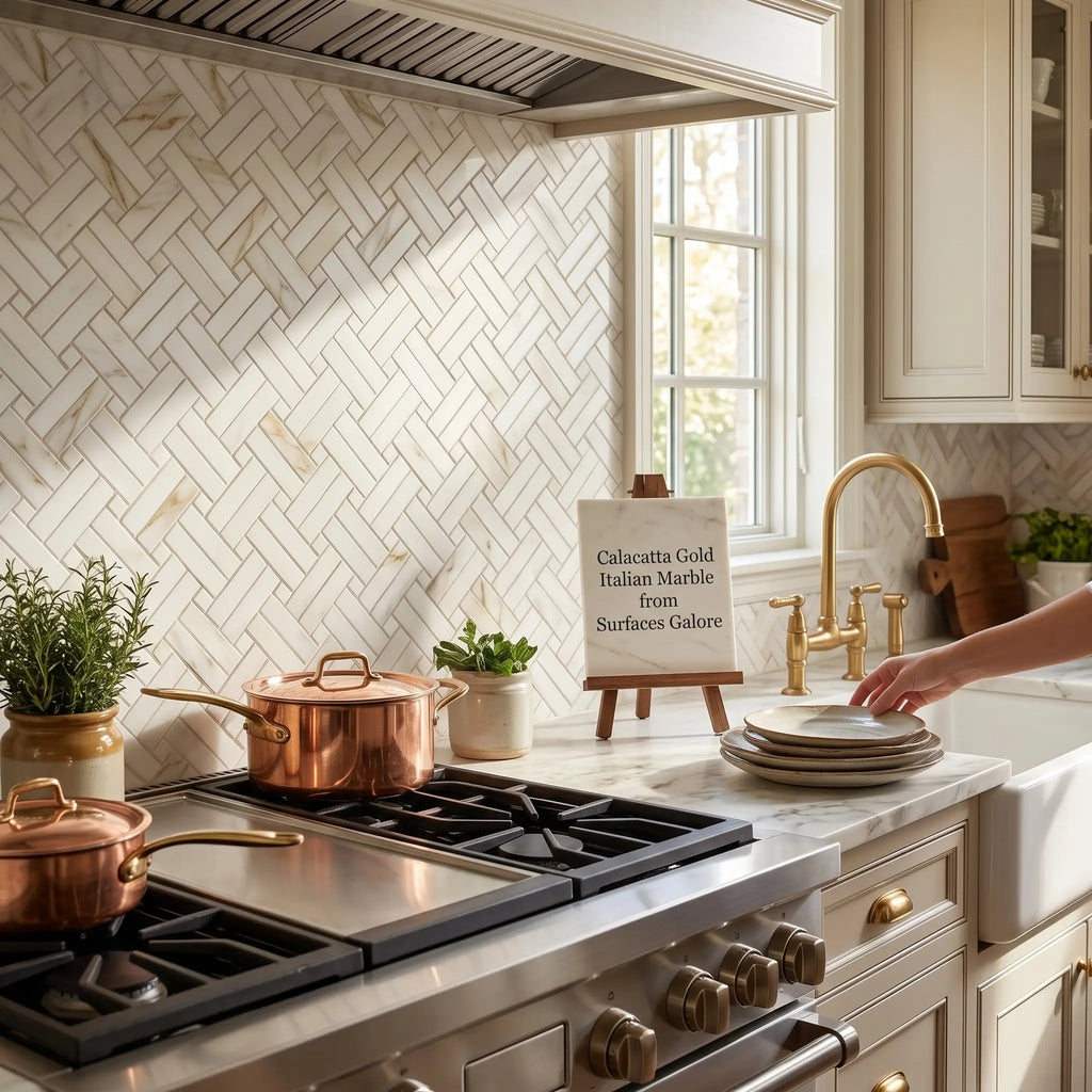 A stack of white ceramic plates with subtle texture on a marble countertop featuring calacatta gold stanza mosaic tile