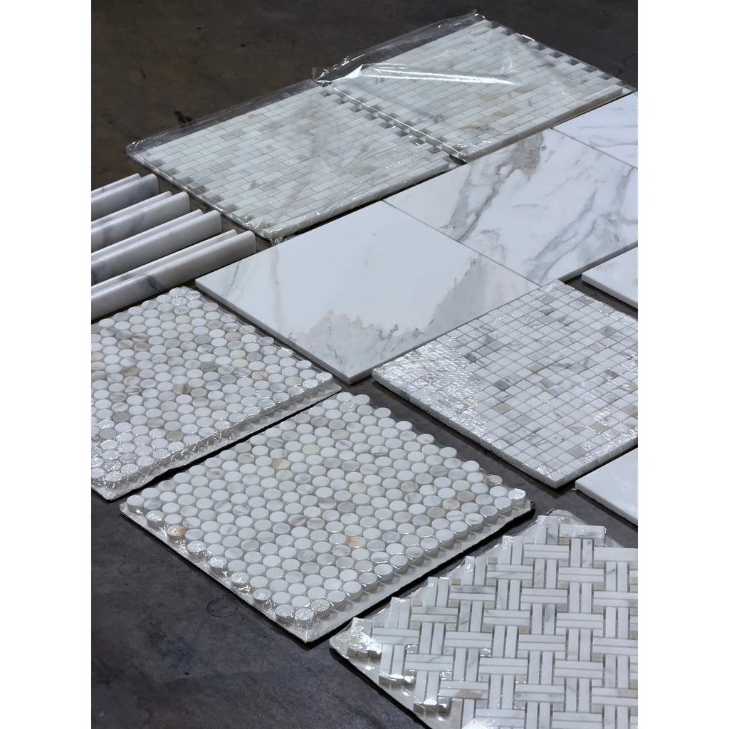 Calacatta Gold Stanza polished mosaic marble tile in hexagonal, rectangular, and woven patterns