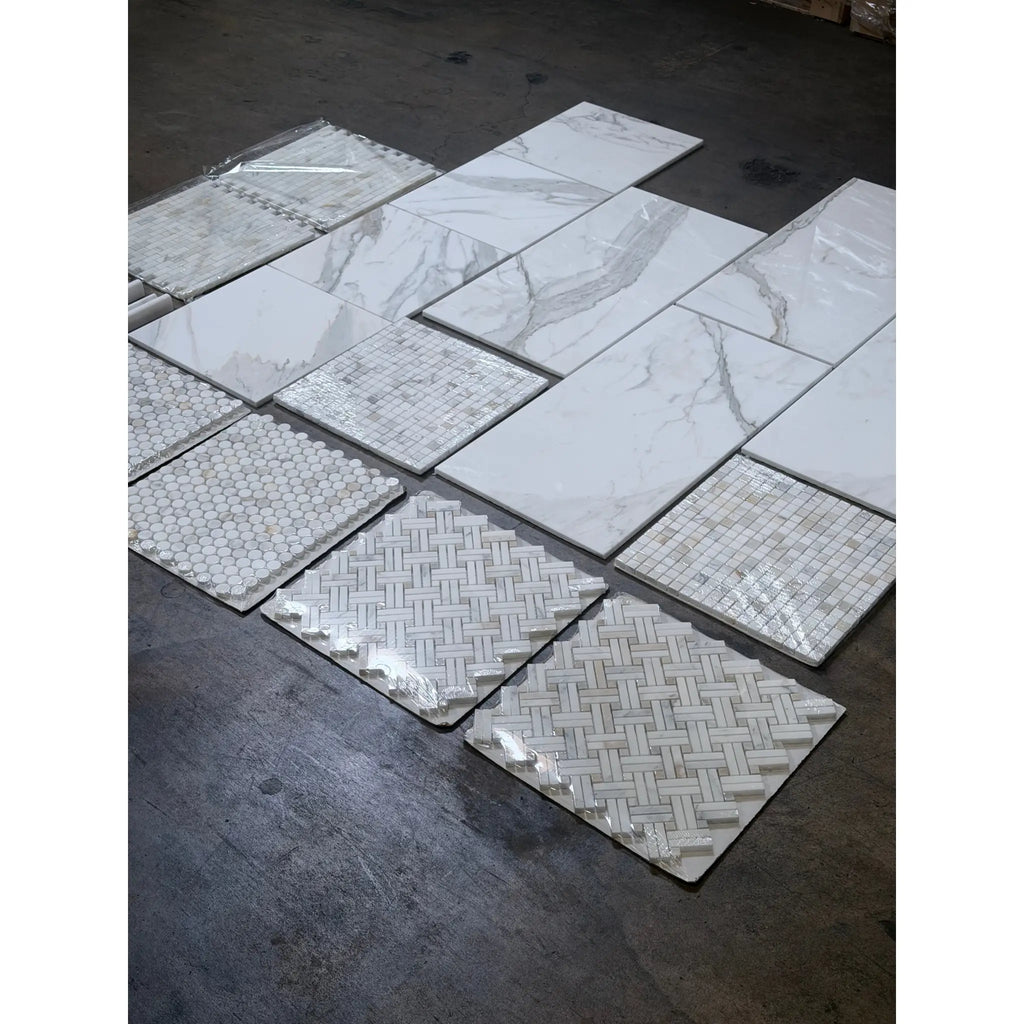 Calacatta Gold Stanza mosaic marble tile samples in polished or honed white with gold patterns