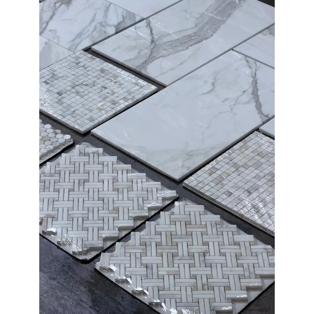 Calacatta Gold Stanza polished mosaic marble tile with intricate veining