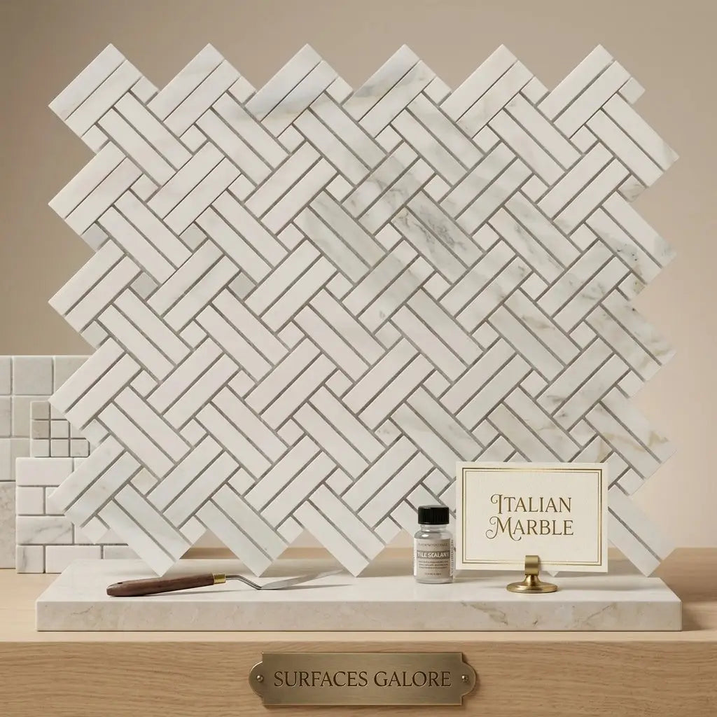 White italian marble calacatta gold stanza mosaic tile polished in classic herringbone pattern