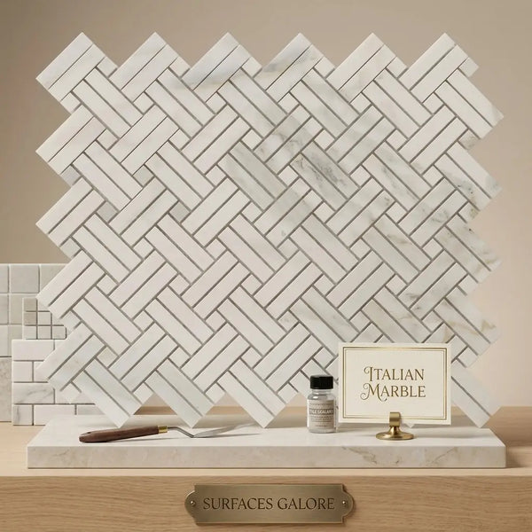 White italian marble calacatta gold stanza mosaic tile polished in classic herringbone pattern