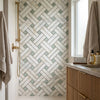 Calacatta gold stanza mosaic marble tile polished or honed with white and sage green herringbone calacatta gold pattern