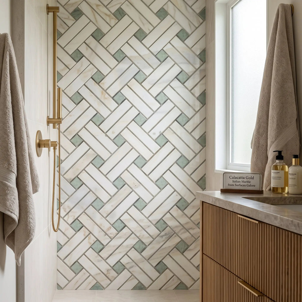 Calacatta gold stanza mosaic marble tile polished or honed with white and sage green herringbone calacatta gold pattern