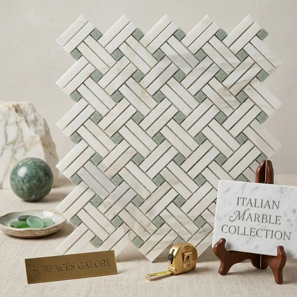 Calacatta gold stanza mosaic marble tile with white and sage green italian marble in a classic herringbone pattern