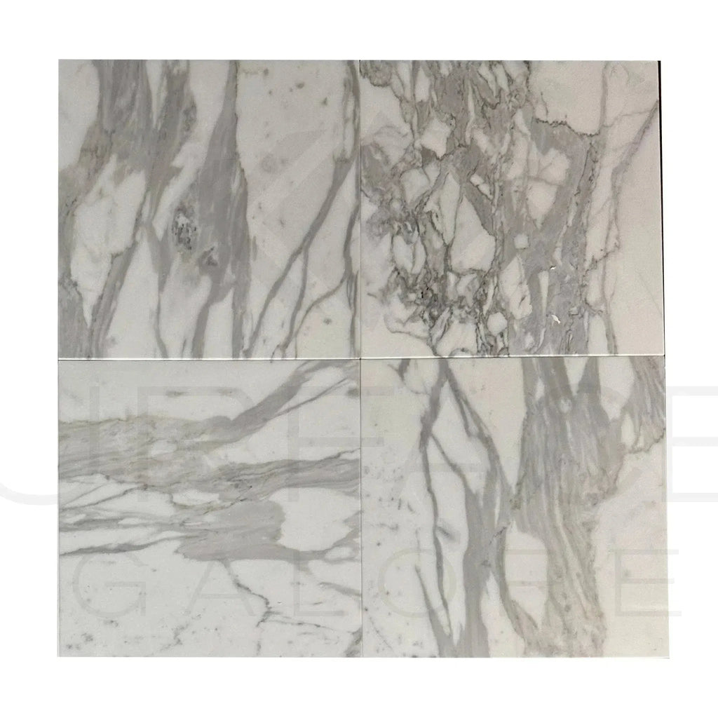 Calacatta Gold Supreme 12X12 Polished Marble Tile display featuring four elegant tiles