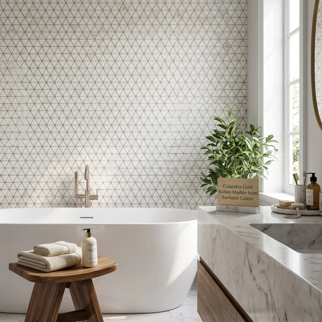 White freestanding bathtub with sleek modern design and smooth glossy finish paired with calacatta gold triangular hexagon mosaic marble tile tumbled