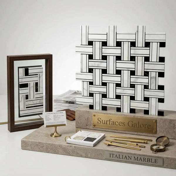 Black and white calacatta gold triple-weave mosaic marble tile with polished basketweave pattern