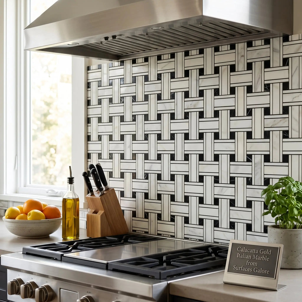 Black and white Calacatta Gold triple-weave mosaic marble tile backsplash polished or honed for wall use