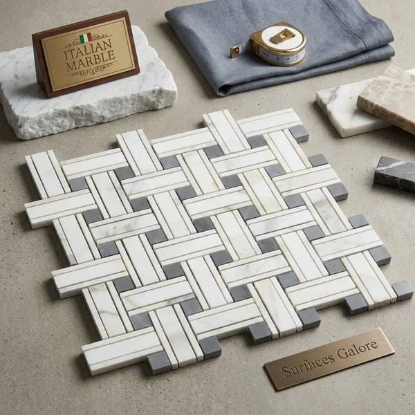 Calacatta gold triple-weave mosaic marble tile polished with white and gray basketweave pattern and blue-gray tones