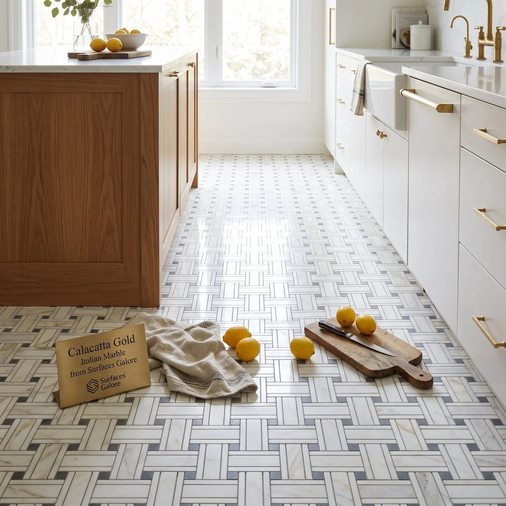 Calacatta gold triple-weave polished italian marble tile in white and gray with classic herringbone pattern