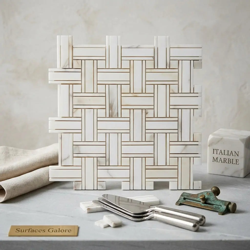 White marble mosaic tile with a woven pattern and subtle veining in calacatta gold triple-weave polished or honed finish