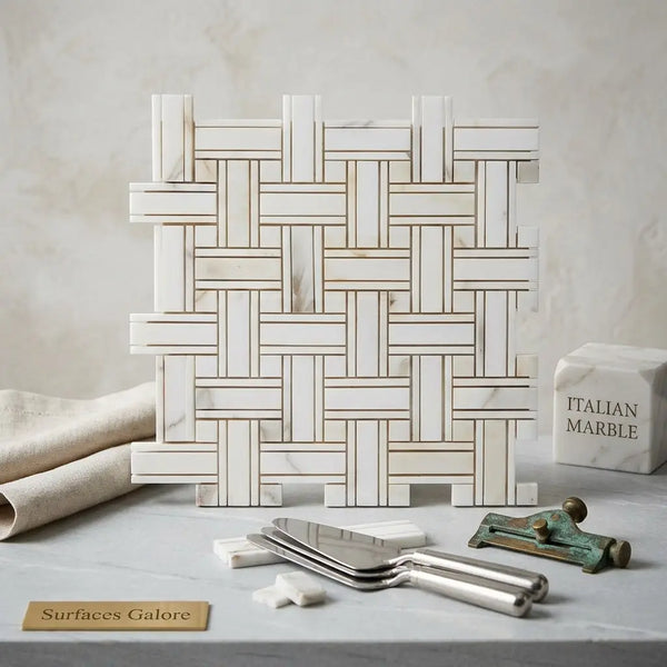 White marble mosaic tile with a woven pattern and subtle veining in calacatta gold triple-weave polished or honed finish