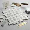 Calacatta gold triple-weave mosaic marble tile polished or honed in white and light gray with ming-green accents