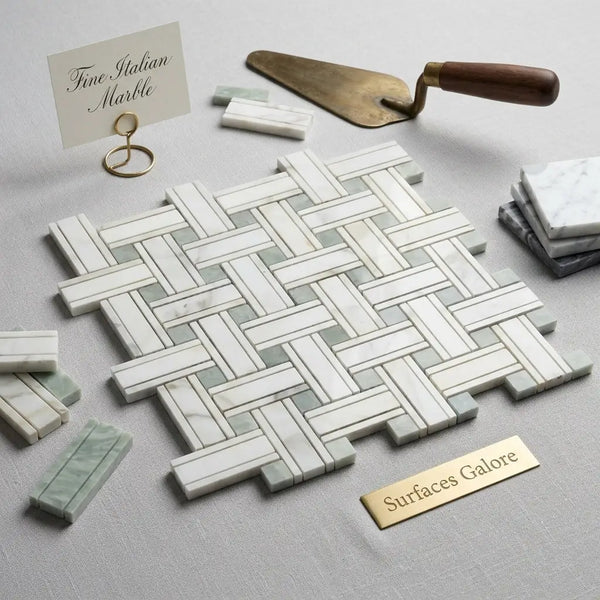Calacatta gold triple-weave mosaic marble tile polished or honed in white and light gray with ming-green accents