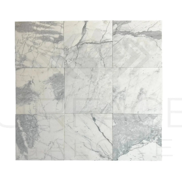 Calacatta Gray 12X12 Honed Marble Tile arrangement in Carrara marble style