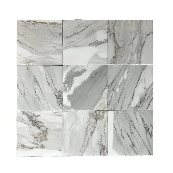 Calacatta Gray 12X12 Polished Marble Tile arrangement showcasing elegant square design