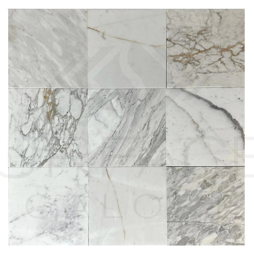 Calacatta Medley 12X12 Polished Marble Tile featuring nine square tiles in a display