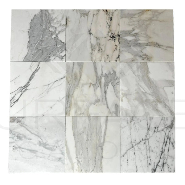 Nine Calacatta Medley polished marble tiles showcasing elegant marble patterns