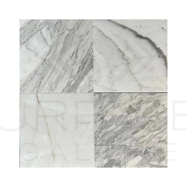 Four Calacatta Medley 12X12 Polished Marble Tiles displayed for sale