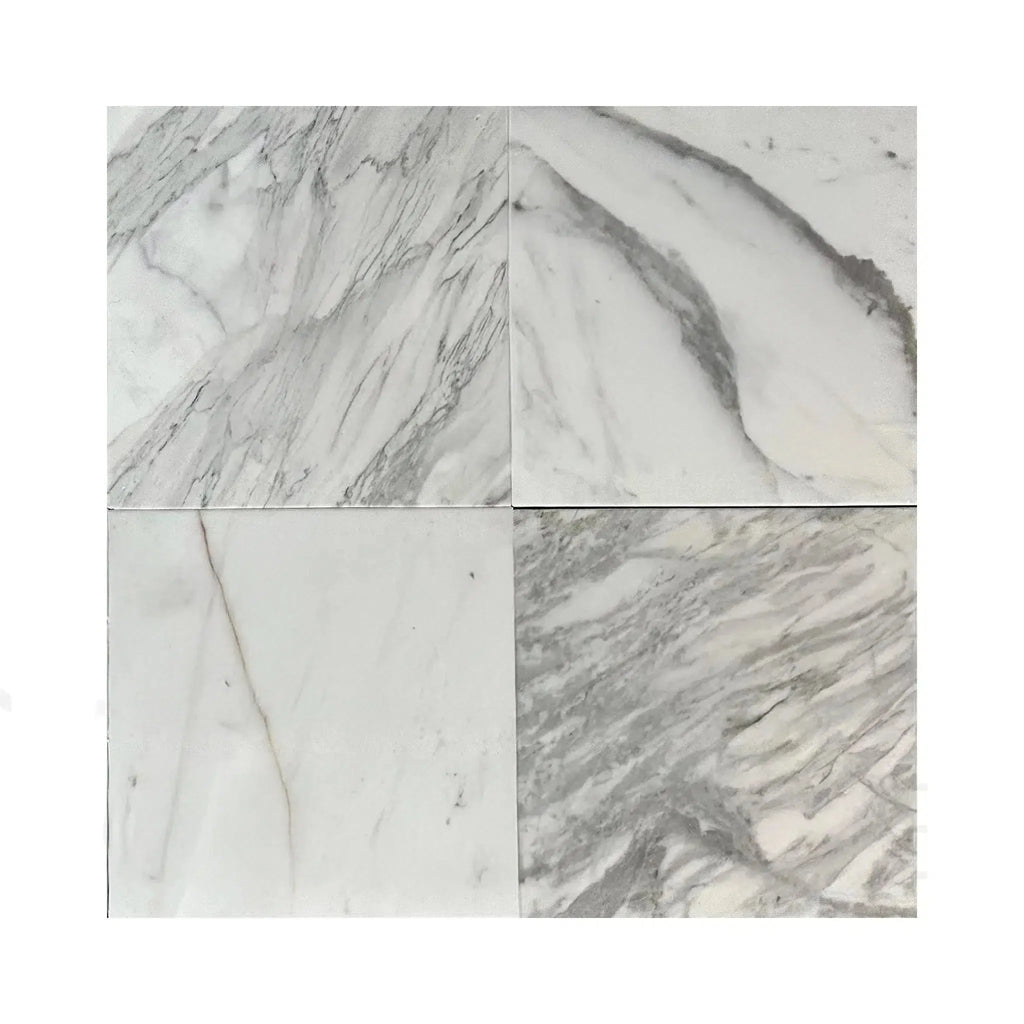 Calacatta Medley 12X12 Polished Marble Tile showcasing four square tiles