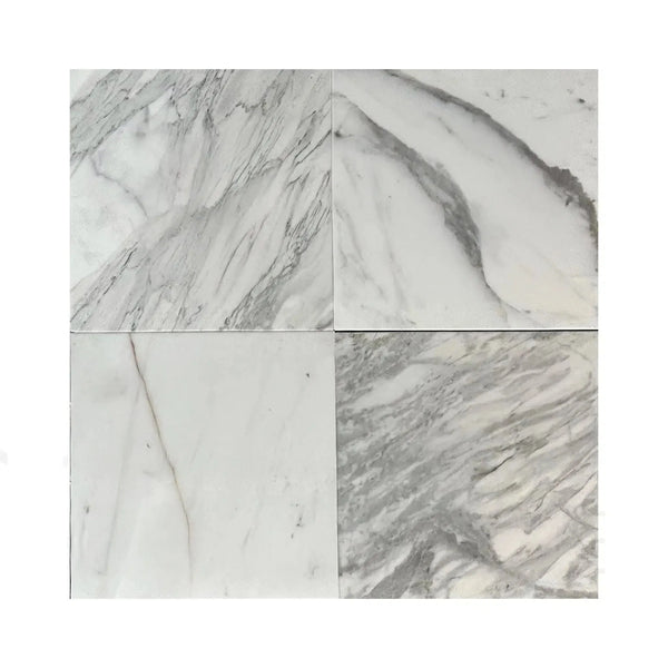 Calacatta Medley 12X12 Polished Marble Tile showcasing four square tiles