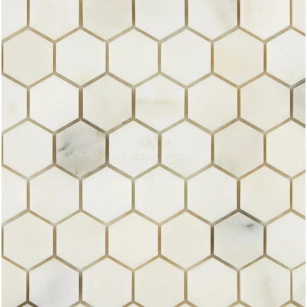 Hexagonal Calacatta Oliva Marble tile pattern in polished or honed finish