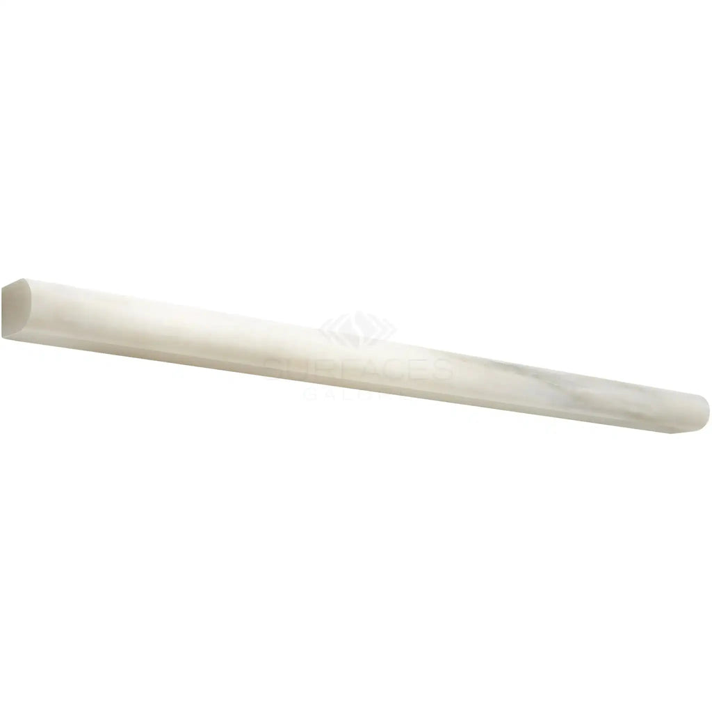 White marble rolling pin displayed with Calacatta Oliva Marble Pencil Liner Molding