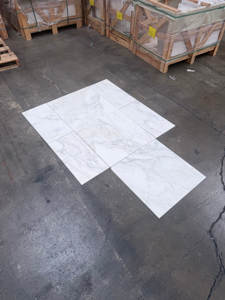 Calacatta Oliva Marble 12X24 tiles with white marble look and subtle gray veining