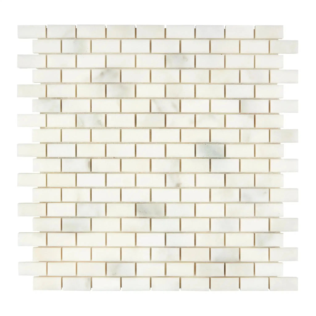 Calacatta Oliva Marble 1X2 Brick Mosaic Tile in polished and honed white marble design