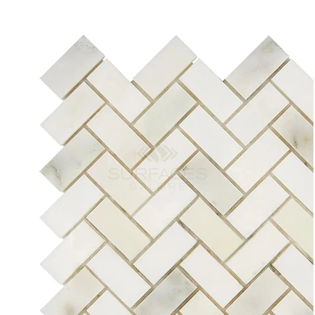White herringbone tile pattern in Calacatta Oliva Marble 1X2 Mosaic Tile design