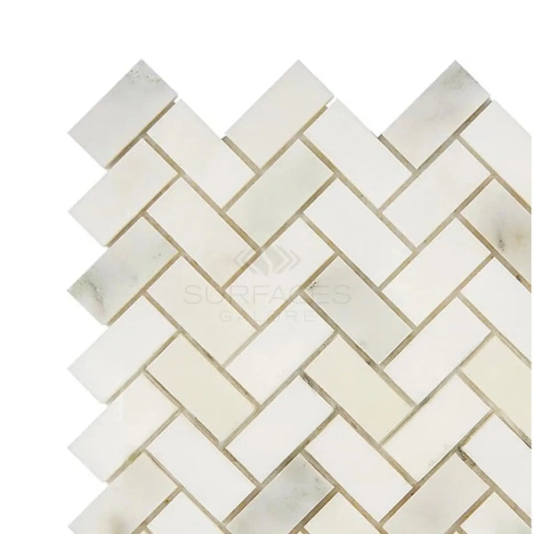 White herringbone tile pattern in Calacatta Oliva Marble 1X2 Mosaic Tile design