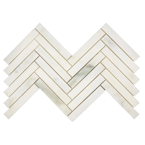 Calacatta Oliva Marble 1X6 Herringbone Mosaic Tile in polished finish, white marble design
