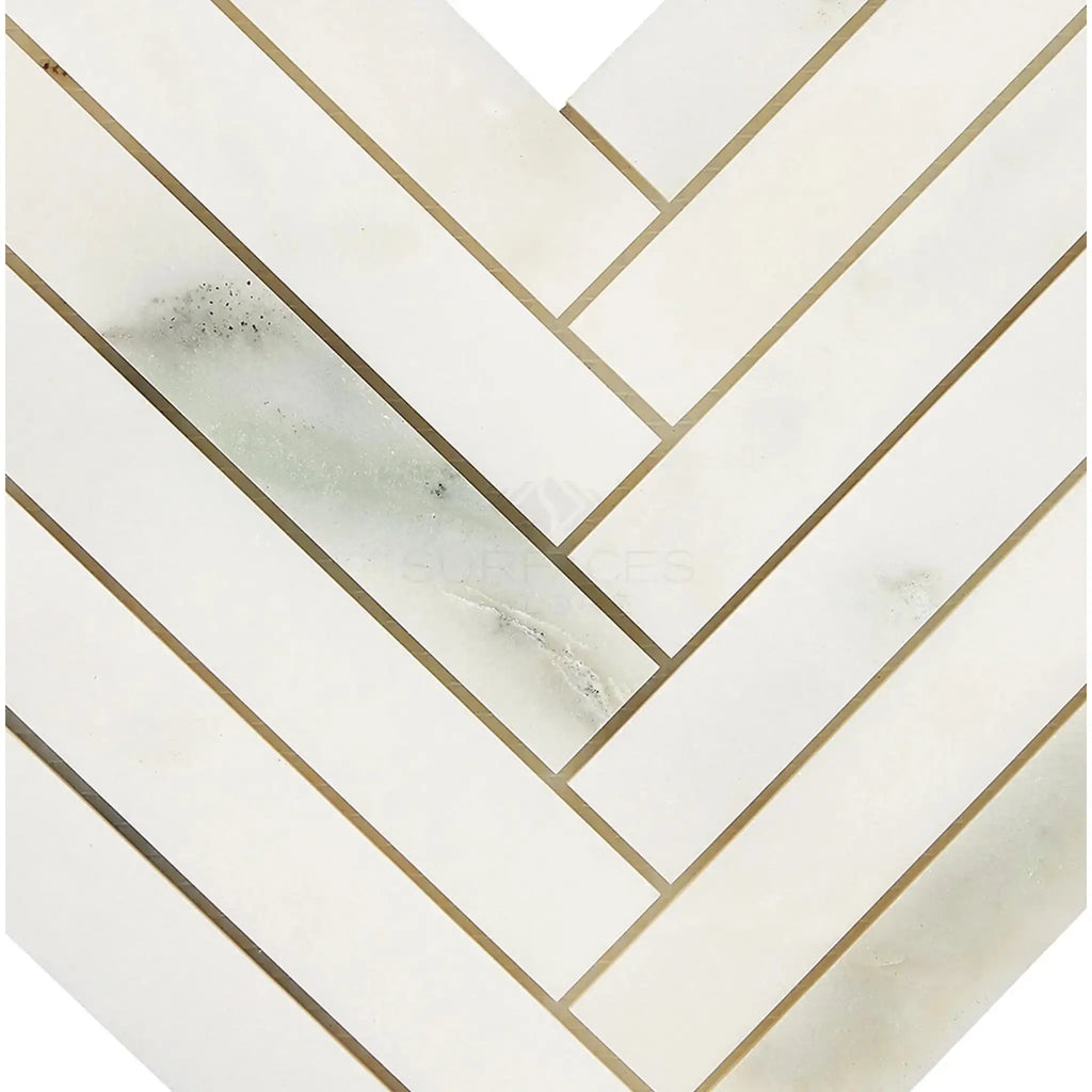 Calacatta Oliva Marble 1X6 Herringbone Mosaic Tile in White Polished or Honed Finish