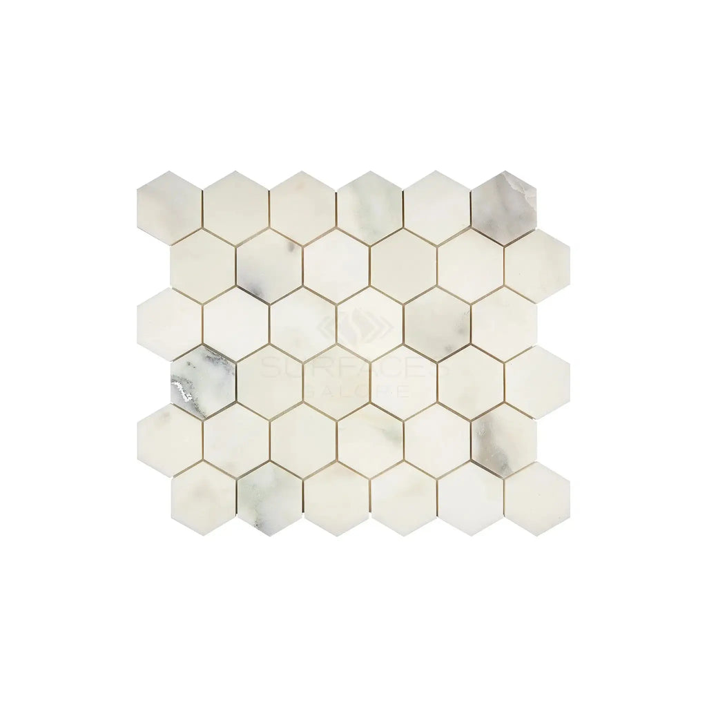 Calacatta Oliva Marble 2 Inch Hexagon Mosaic Tile Sheet in Polished or Honed Finish