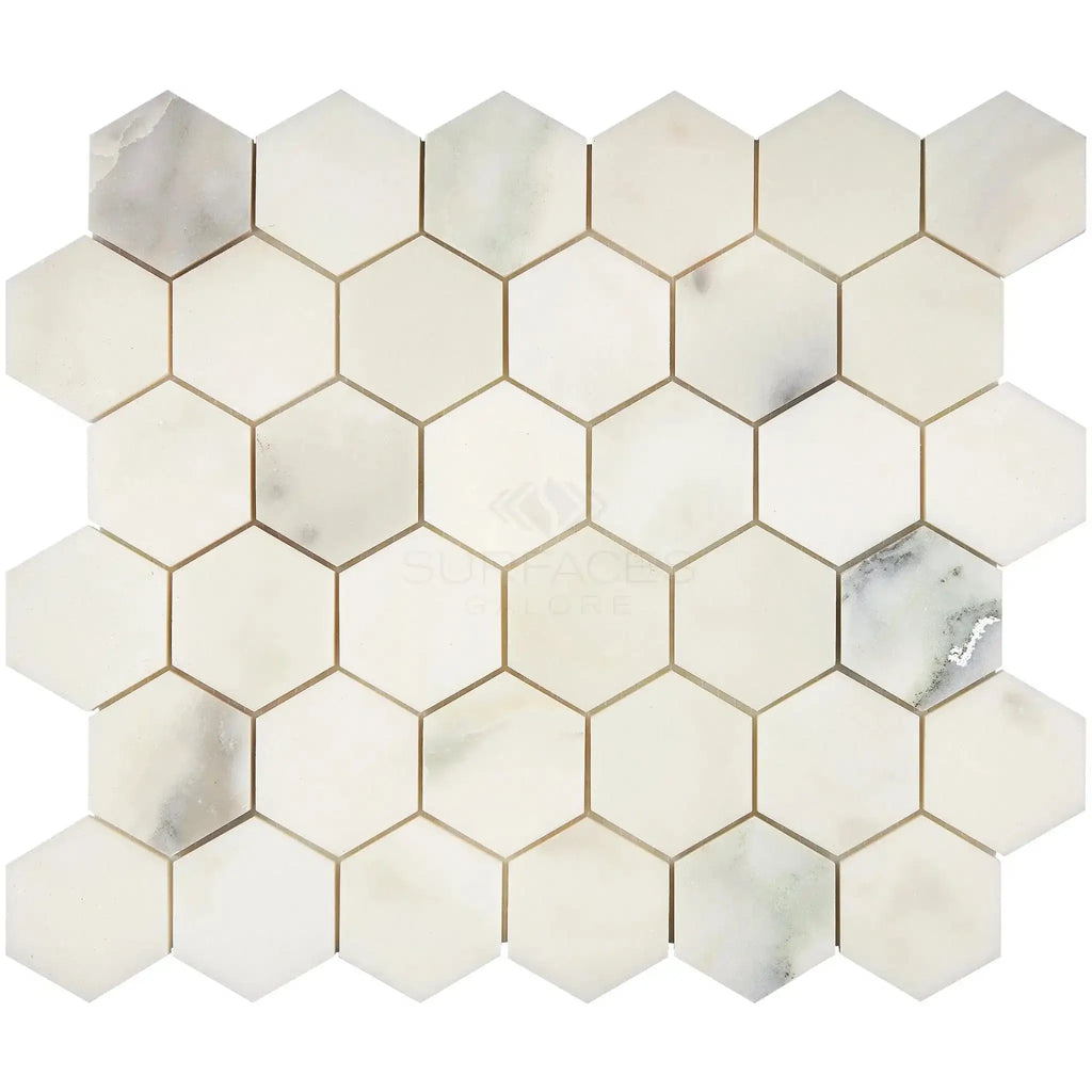 Calacatta Oliva Marble 2-inch Hexagon Mosaic Tile in polished or honed finish