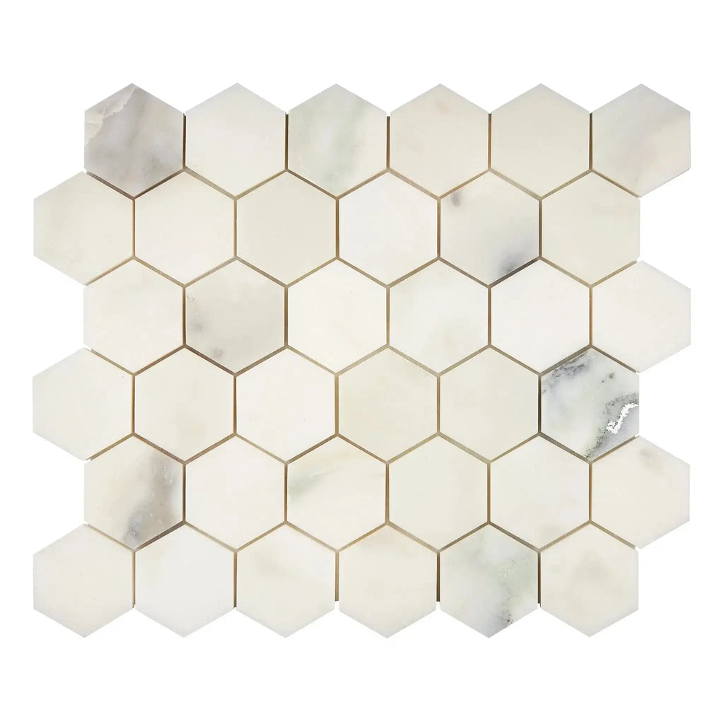 Hexagonal Calacatta Oliva Marble 2 inch Polished or Honed Mosaic Tile Display