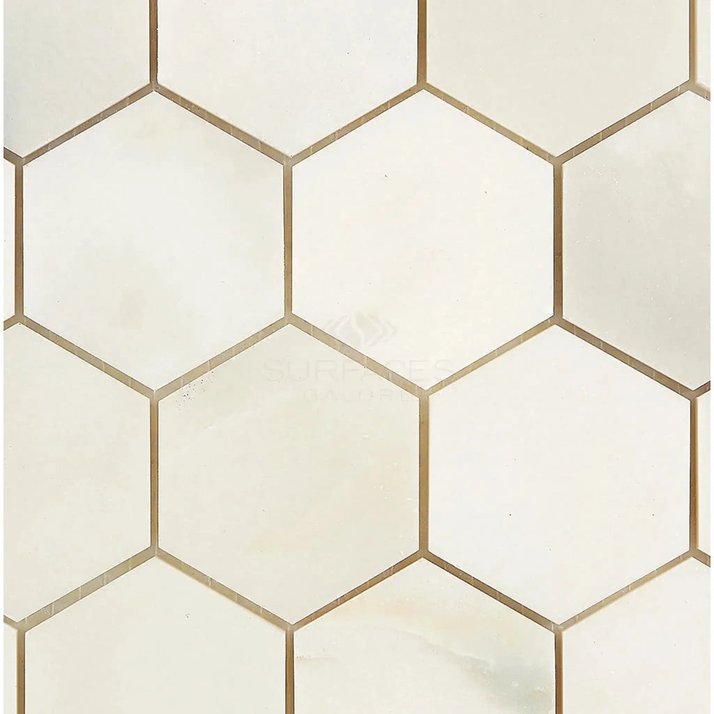 Calacatta Oliva Marble 2-inch Hexagon Mosaic Tile in polished or honed finish