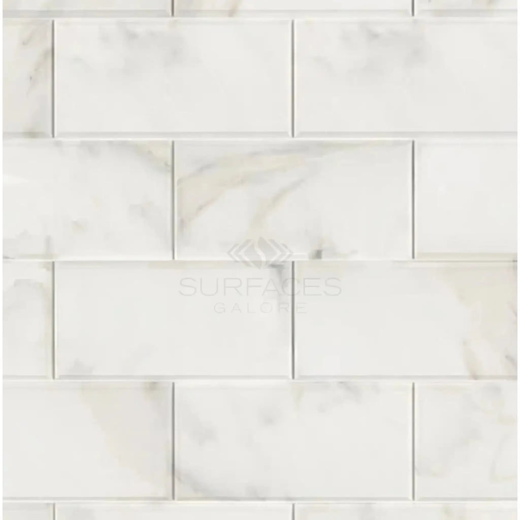 Calacatta Oliva Marble 2X4 Brick Deep-Beveled Mosaic Tile in White Marble Subway Style