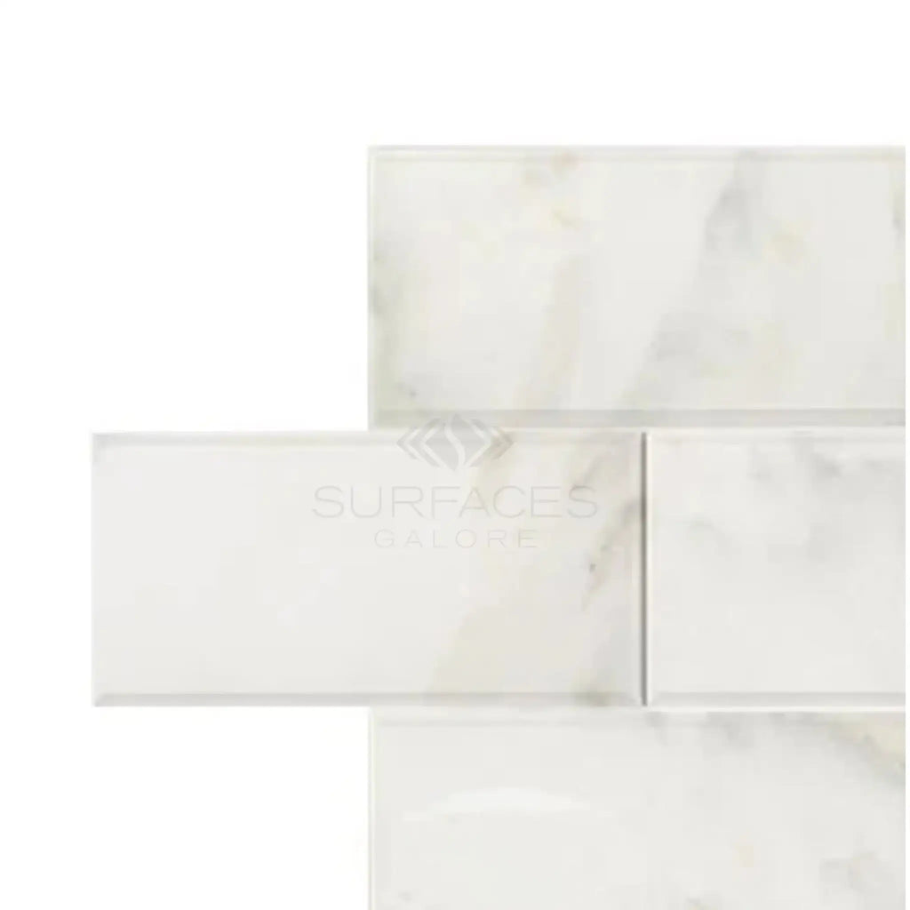 Calacatta Oliva Marble 2X4 Brick Deep-Beveled Mosaic Tile Polished-Honed in white marble pattern