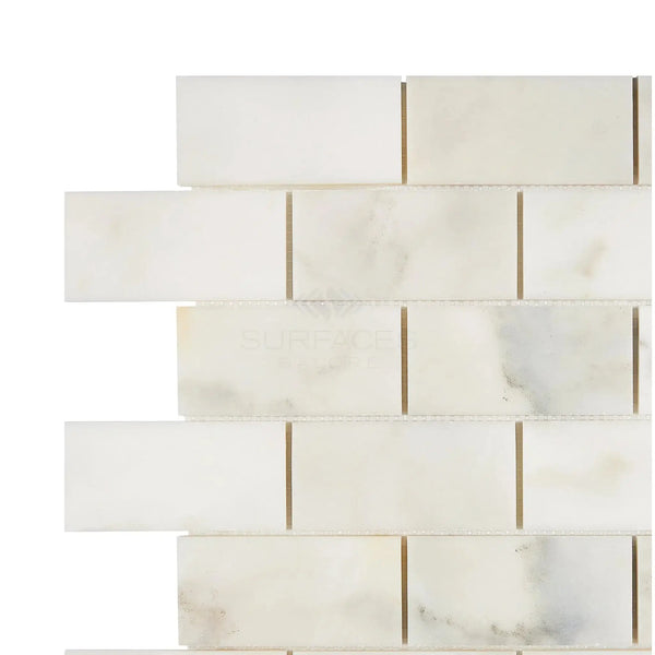 Calacatta Oliva Marble 2X4 Brick Mosaic Tile in polished and honed white marble