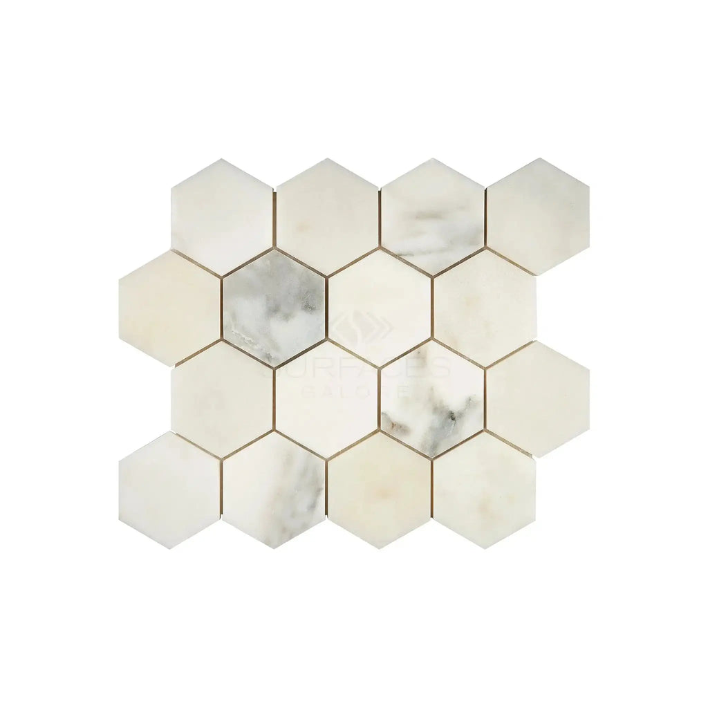 Calacatta Oliva Marble 3 inch Hexagon Mosaic Tile in polished and honed finish