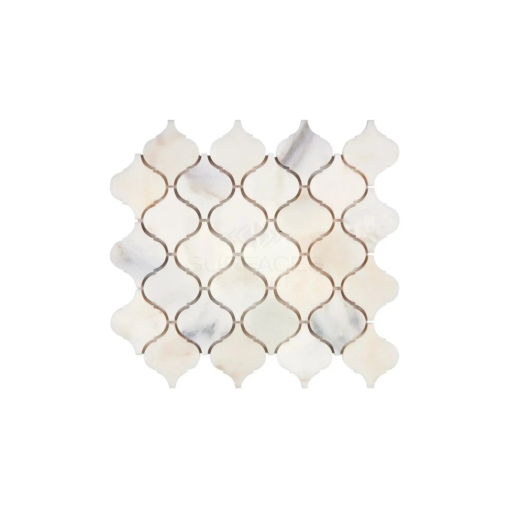 Calacatta Oliva Arabesque Marble Mosaic Tile in polished and honed finishes