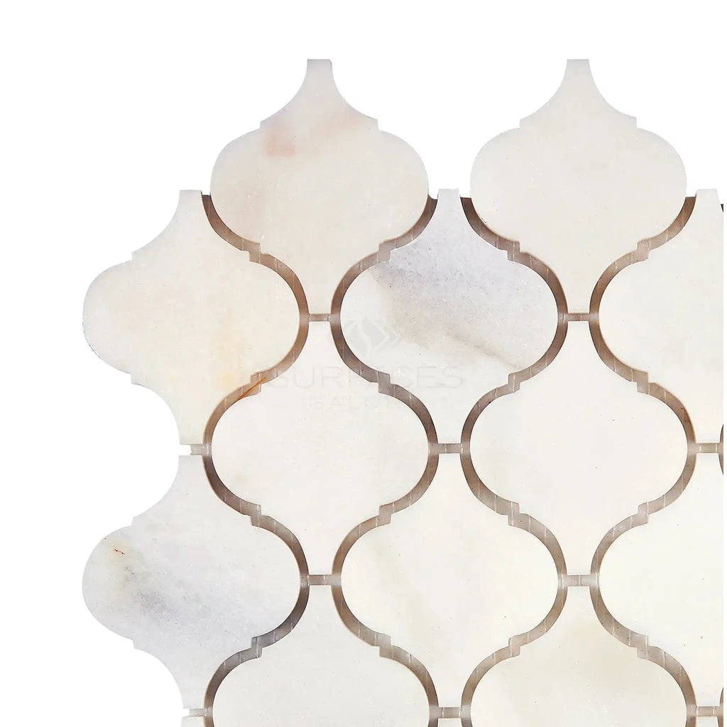Calacatta Oliva Marble 3 inch Lantern Arabesque tile pattern in polished or honed finish