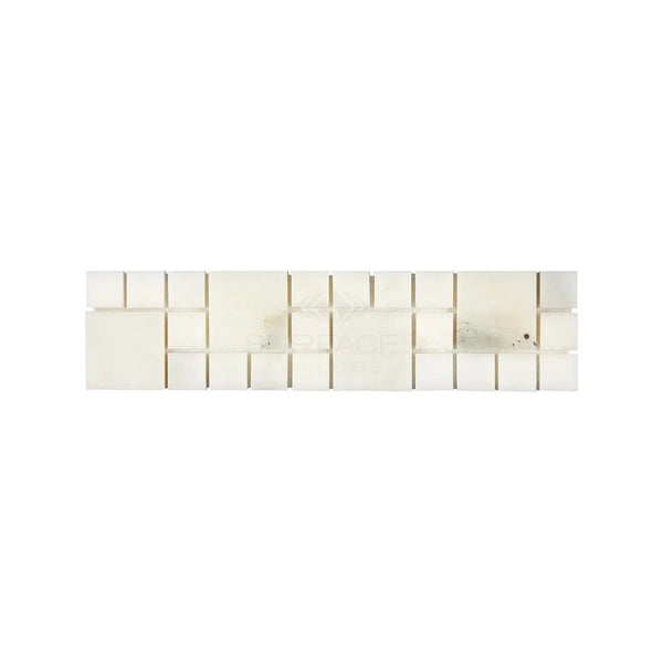 Rectangular white tile mosaic of Calacatta Oliva Marble 3X12 Rimini Border polished or honed