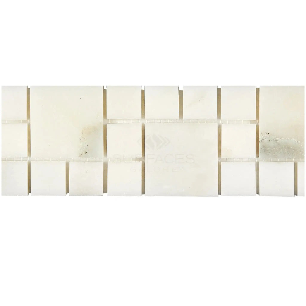 Off-white square tile mosaic from Calacatta Oliva Marble 3X12 Rimini Border polished finish