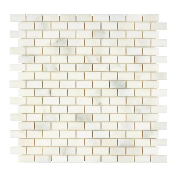 Calacatta Oliva Marble 5/8X1 1/4 Brick Mosaic Tile in polished finish showcasing white marble